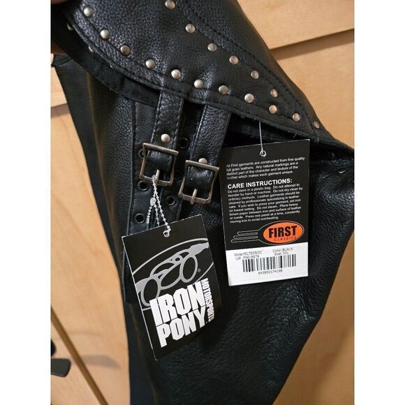 Mens First Classics Iron Pony Leather Motorcycle Chaps With Studs & Buckles Blac - Picture 1 of 16